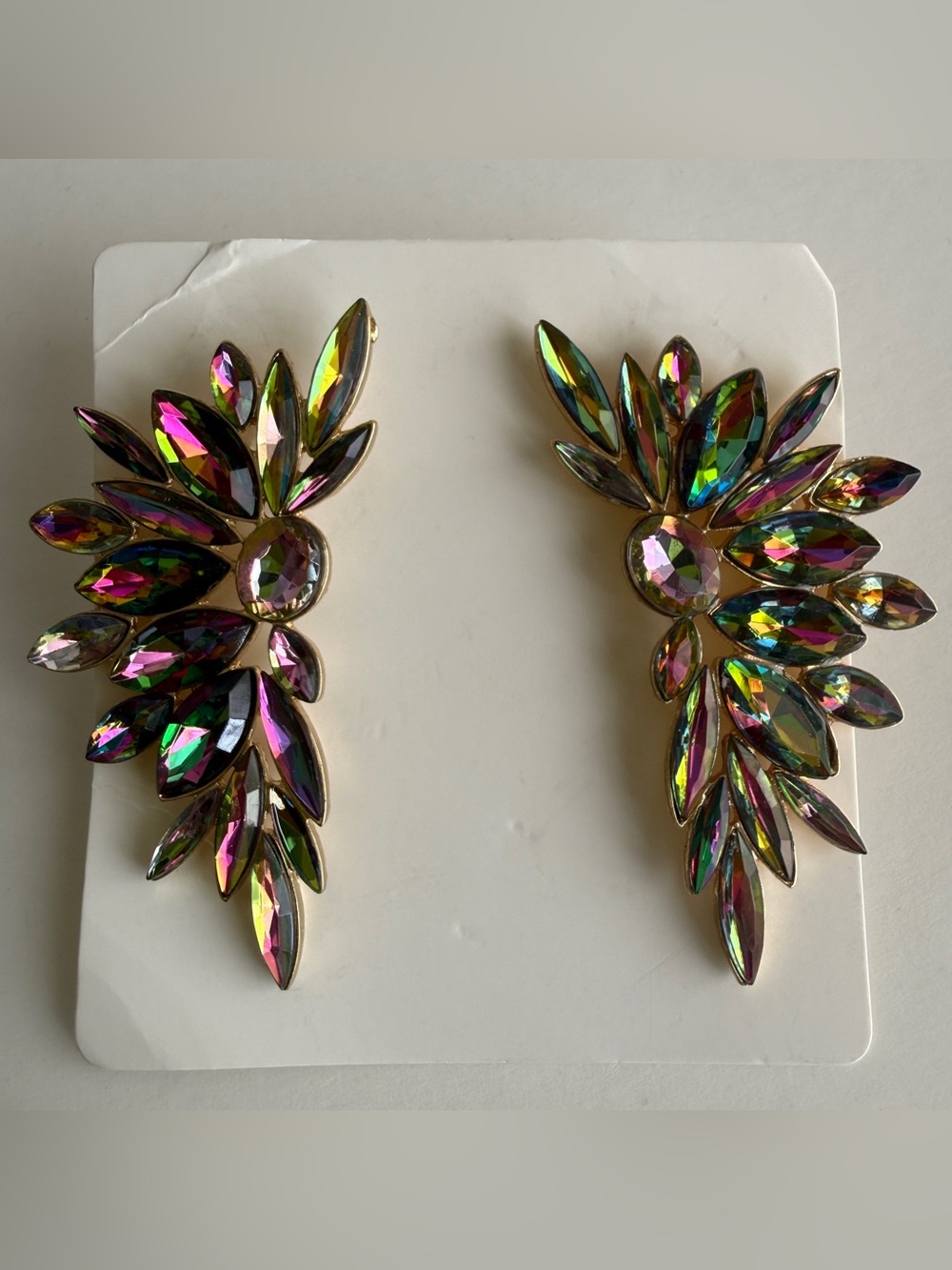 Iridescent AB Crystal Marquise Statement Wing Ear Climber Earrings - Brand New